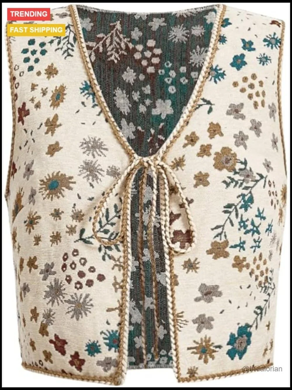 Floral Embroidered Tie Front Crop Vest Top Polyester